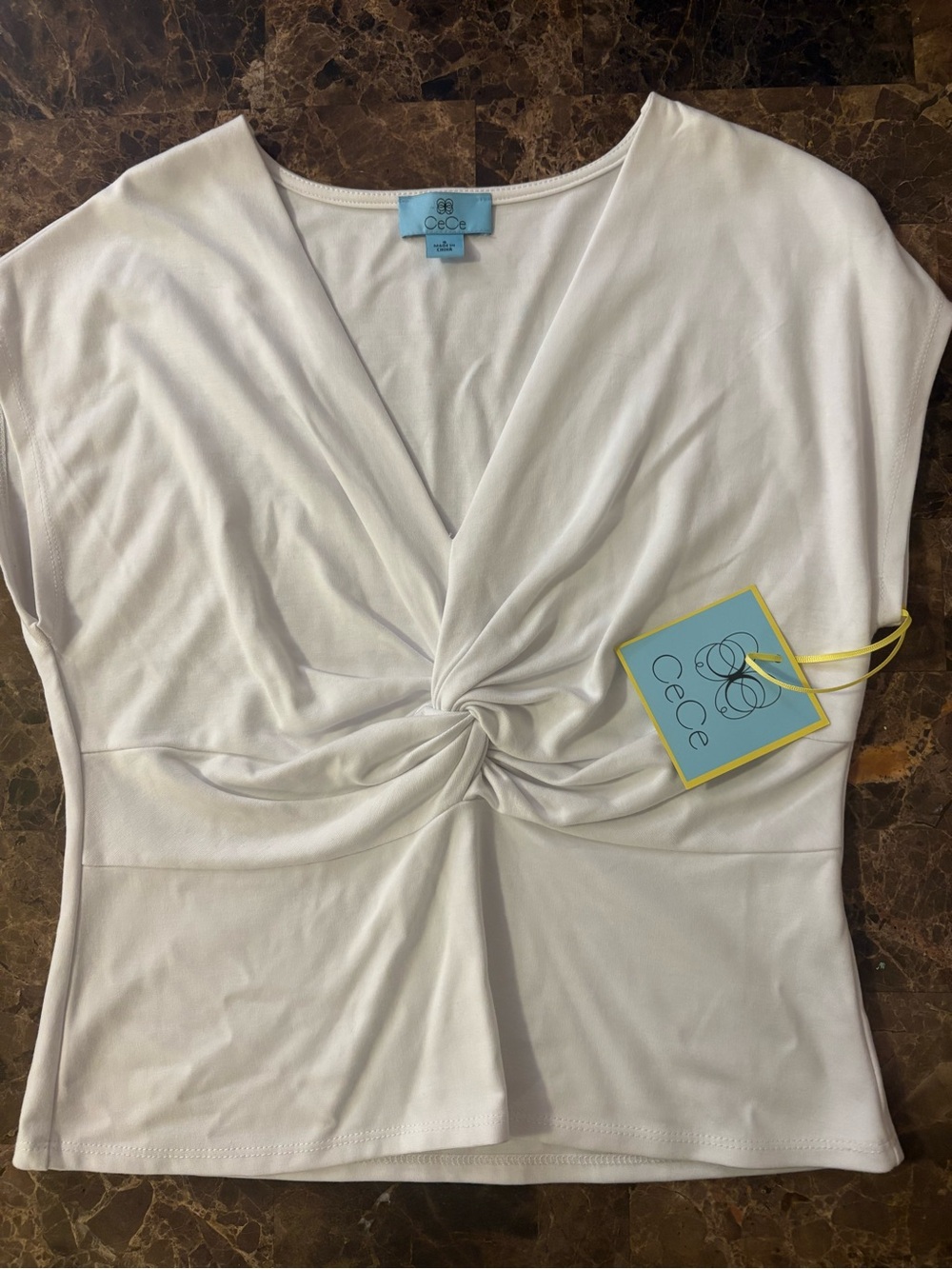CeCe White Twist-Knot V-Neck Short Sleeve Top